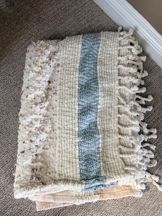 Simons Other - Simons Maison Cream Throw with Light Blue and Navy Accents